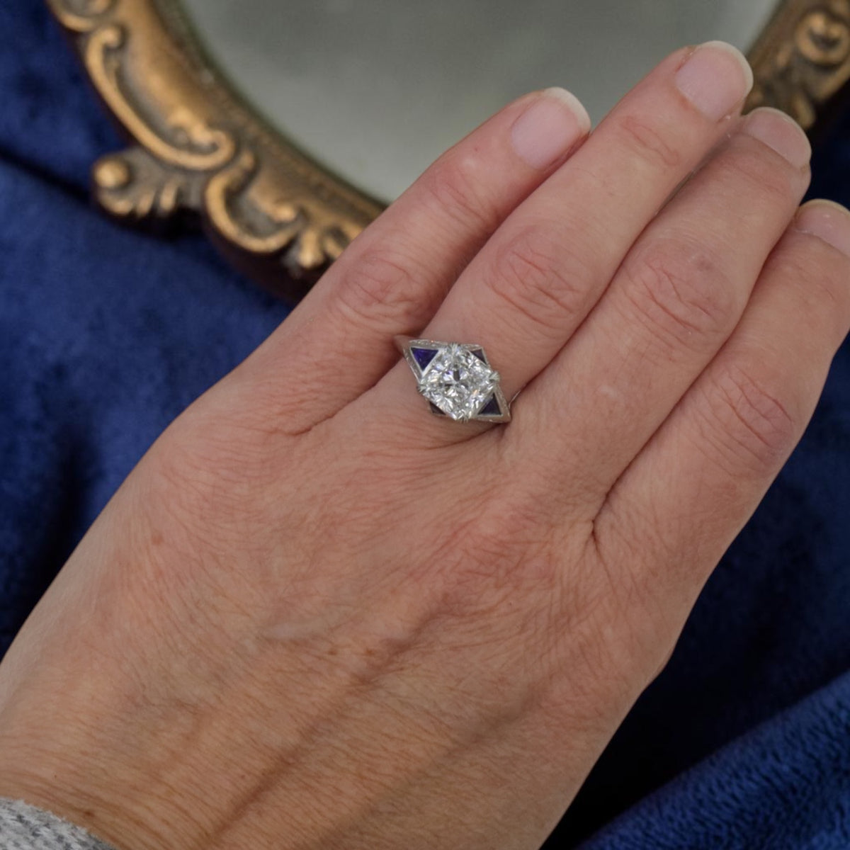 Art Deco Inspired Platinum and Sapphire Vintage Mounting set with 3.09 ct Lab Created Radiant Cut Diamond
