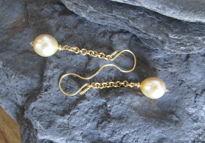 Elegant Golden South Sea Pearl Drop Earrings in Deep, Rich 22k Yellow Gold