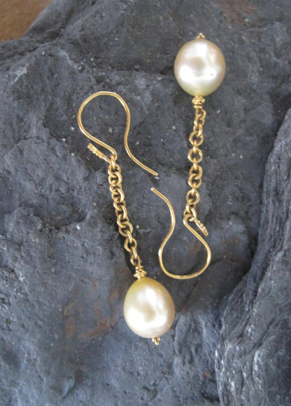 Elegant Golden South Sea Pearl Drop Earrings in Deep, Rich 22k Yellow Gold