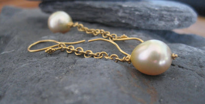 Elegant Golden South Sea Pearl Drop Earrings in Deep, Rich 22k Yellow Gold