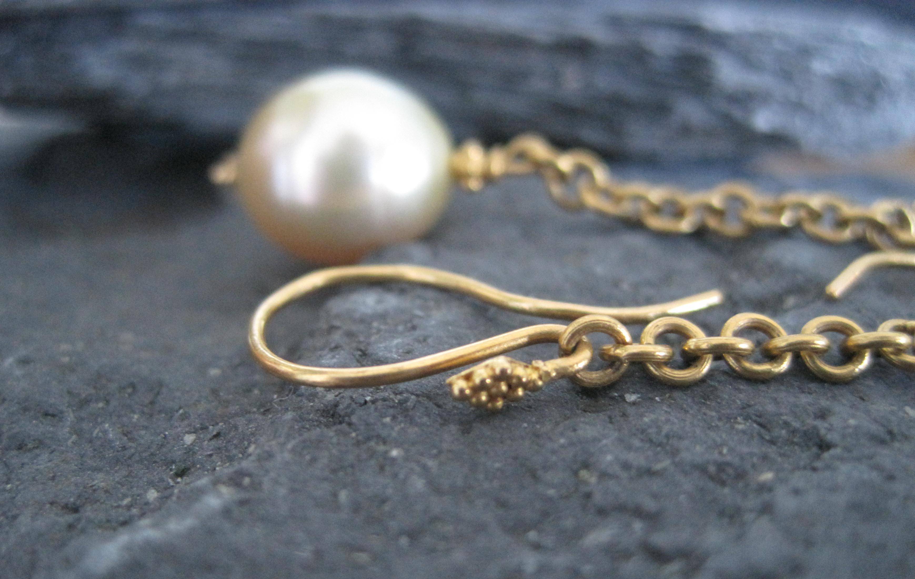 Elegant Golden South Sea Pearl Drop Earrings in Deep, Rich 22k Yellow Gold - Petra Star
