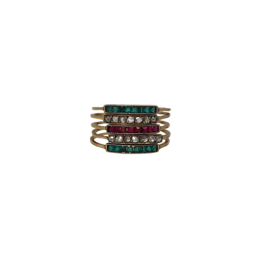 Victorian Harem Ring 14k Yellow Gold with Diamonds, Rubies & Emeralds