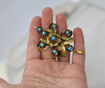 Early Victorian Pendant with Persian Turquoise in 14k Yellow Gold