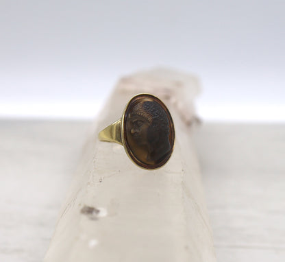 Early Victorian Blackamoor Ring Tiger's Eye Cameo in 14k Gold