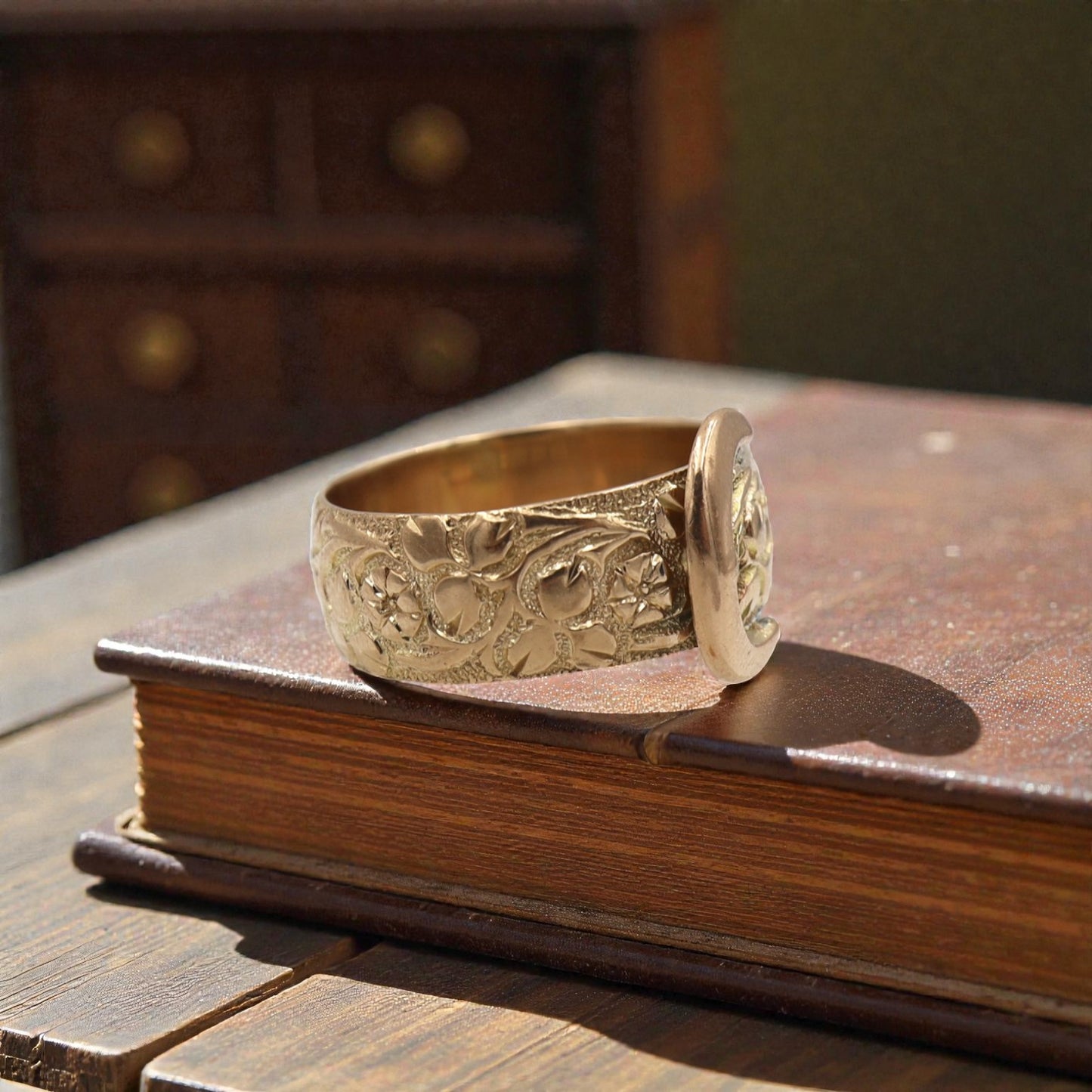 Victorian Buckle Ring Circa 1856 / 9k Pink Gold English Hallmarked Buckle Band Finger Size 6.75 - JL1605 - Petra Star