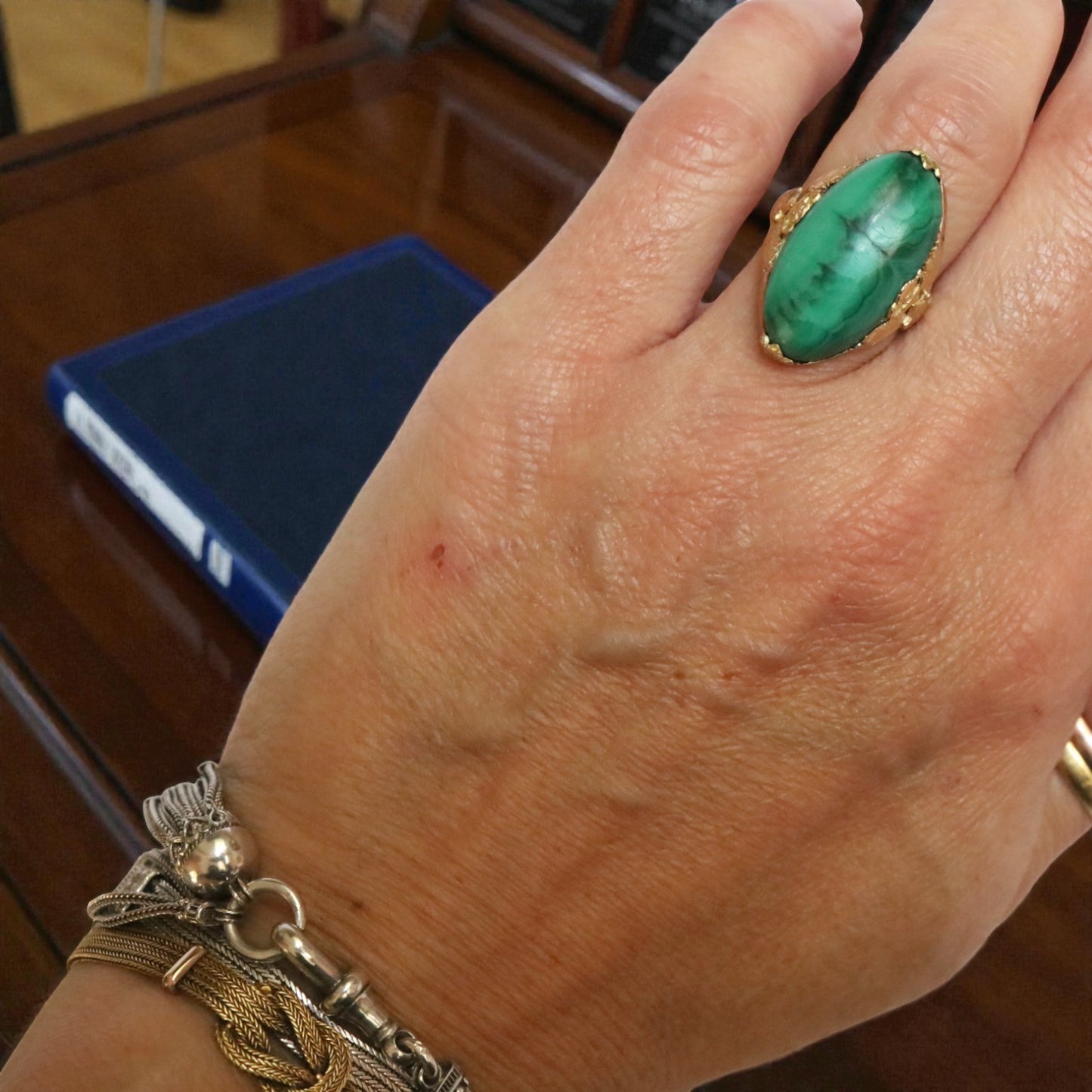 Arts & Crafts Malachite Ring 14k Gold