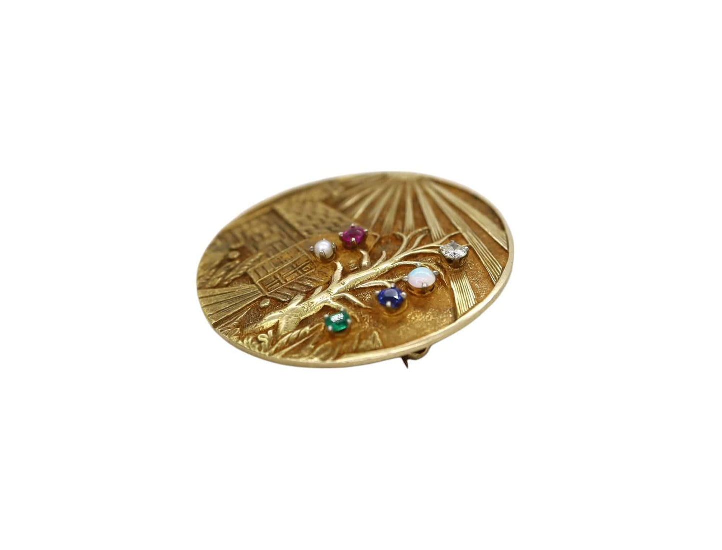 Mid Century Gemstone Set Family Tree Brooch 14k Gold