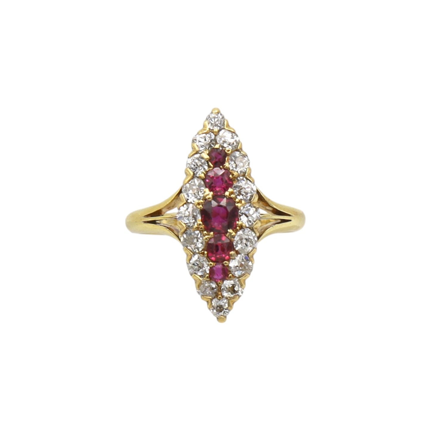 Antique Victorian Ruby and Diamond Navette Ring 1.00 cts Old Mine Cut Diamonds - Petra Star