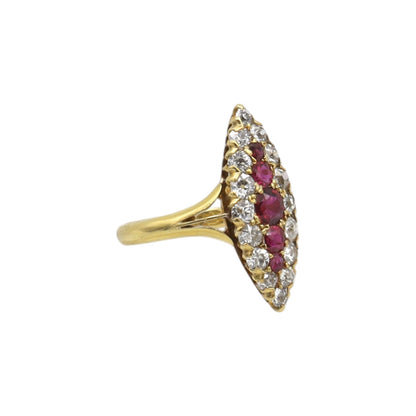 Antique Victorian Ruby and Diamond Navette Ring 1.00 cts Old Mine Cut Diamonds