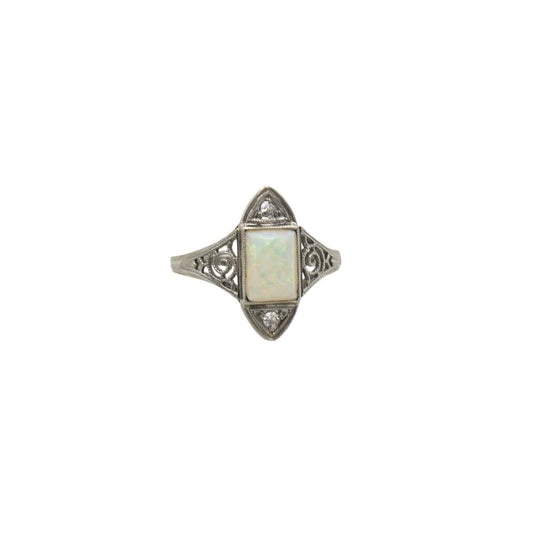 Art Deco Ring Opal and Diamond Ring in 18k White Gold