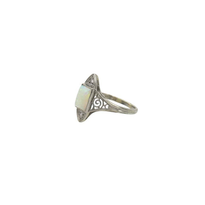 Art Deco Ring Opal and Diamond Ring in 18k White Gold