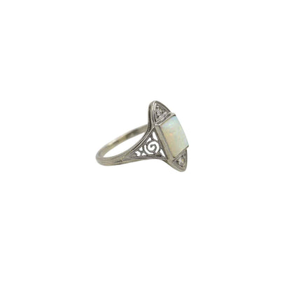 Art Deco Ring Opal and Diamond Ring in 18k White Gold