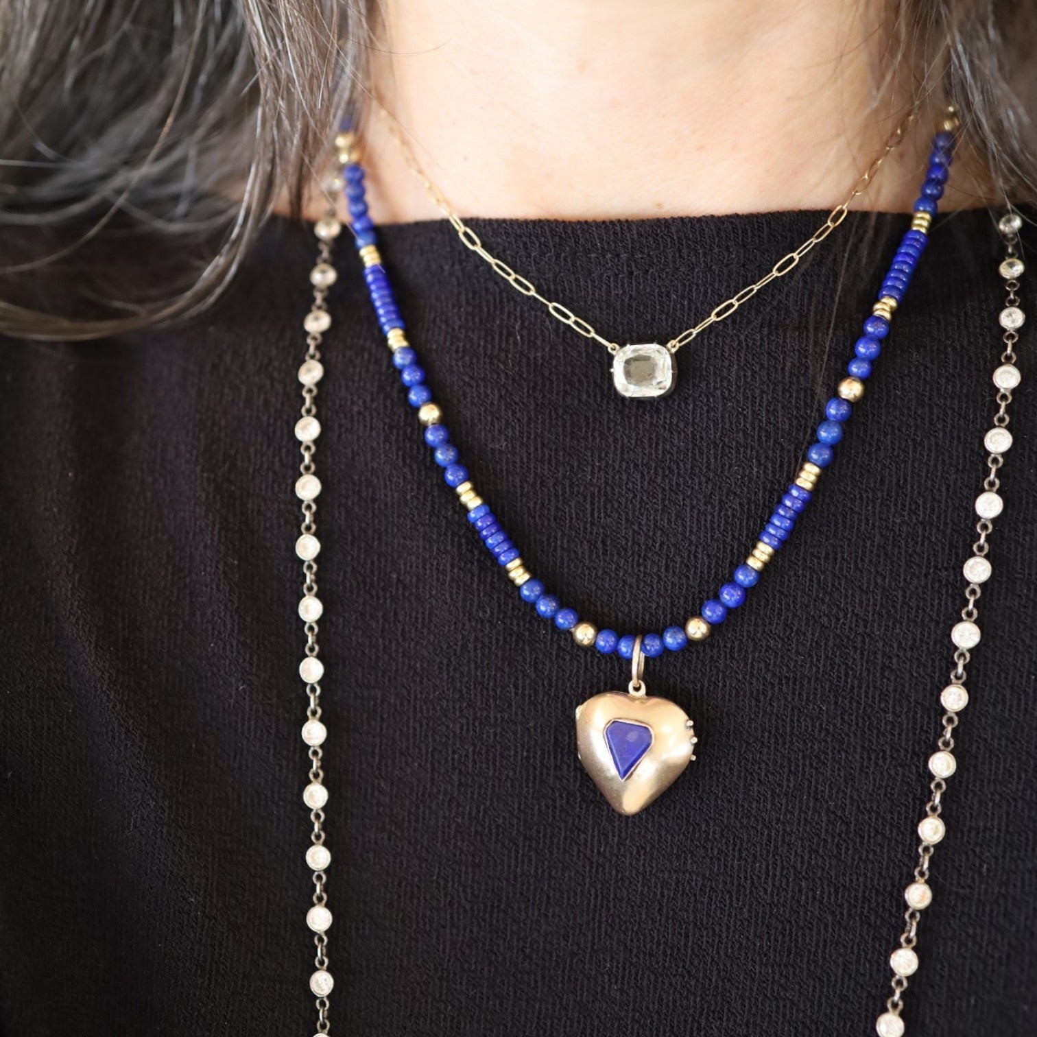 Victorian Puffy Heart Locket with Lapis 10K Pink Gold - Petra Star