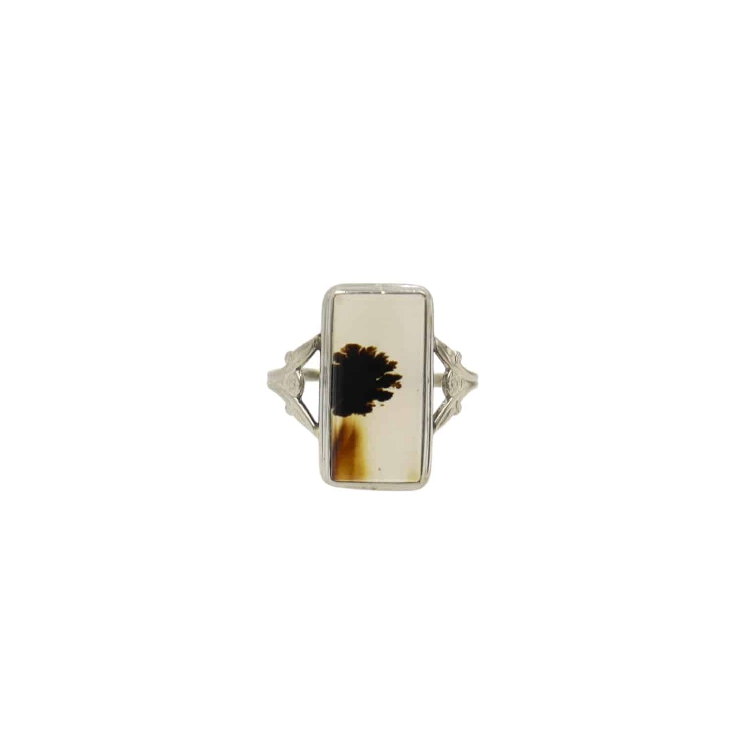 Art Deco Dendritic Agate Ring Moss Agate 10k White Gold Ring - Petra Star
