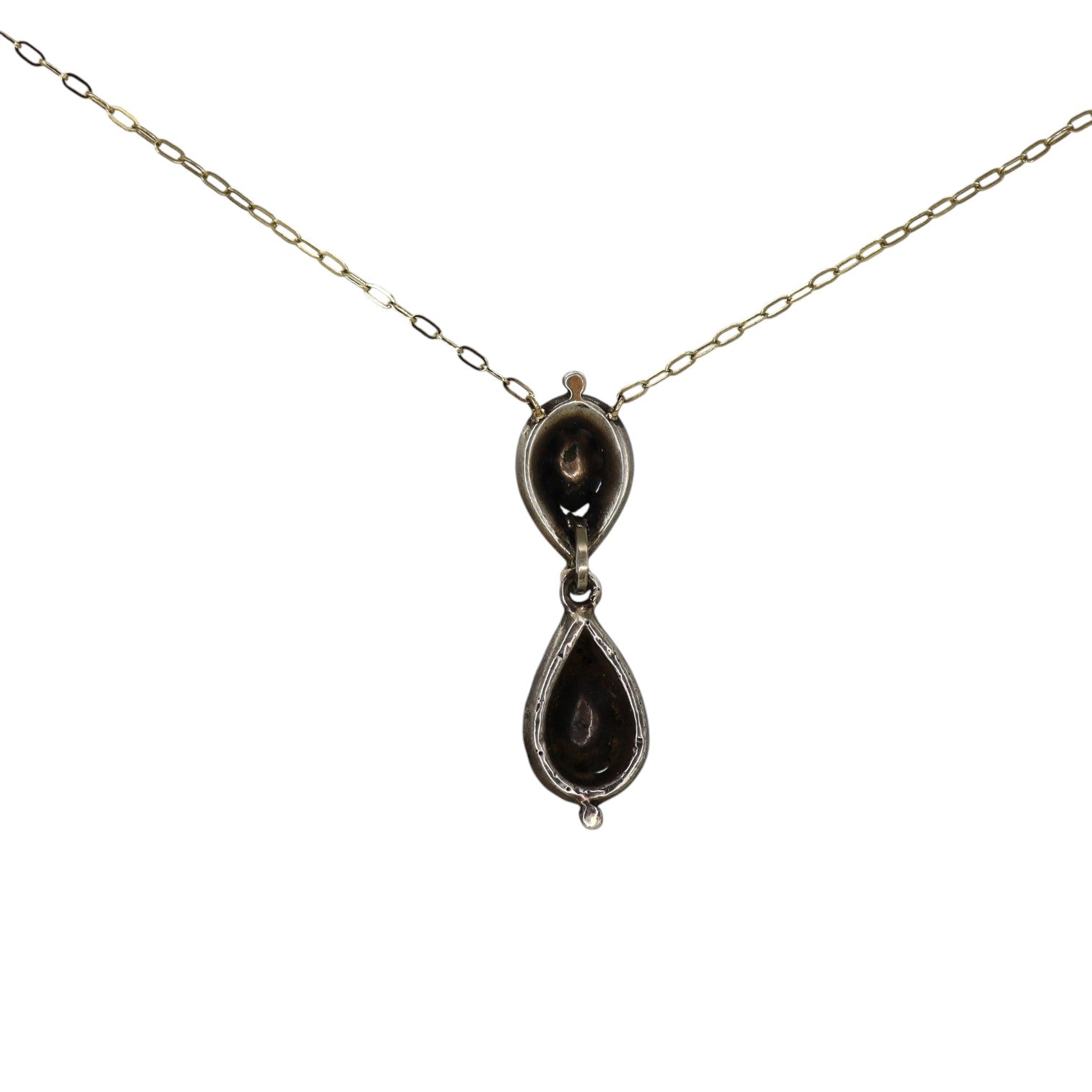 Rare Georgian double-drop rose-cut diamond pendant necklace in silver and 14k gold with intricate vintage design.