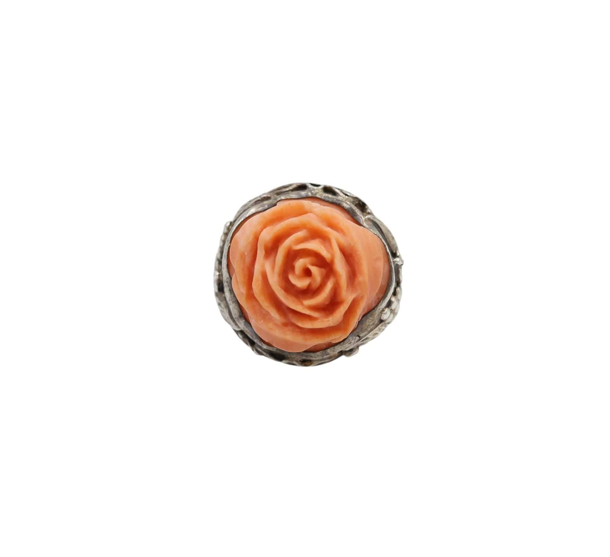 Antique Chinese Carved Coral Ring in Sterling Silver - Petra Star