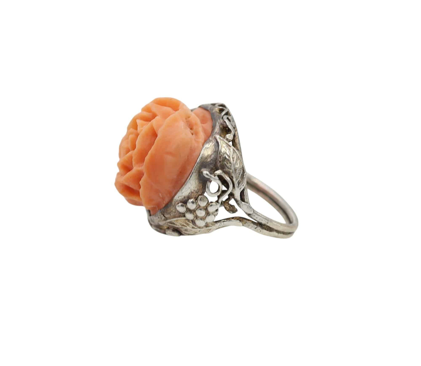 Antique Chinese Carved Coral Ring in Sterling Silver - Petra Star