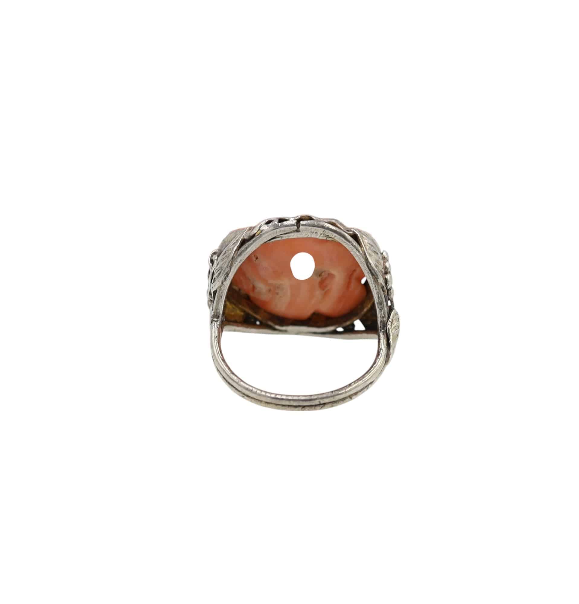 Antique Chinese Carved Coral Ring in Sterling Silver - Petra Star