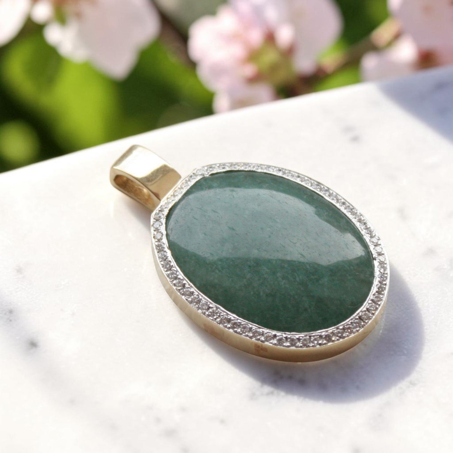 Vintage 1990s Green Beryl & Diamond Halo Pendant | 14k Two-Tone Gold | Petra Star