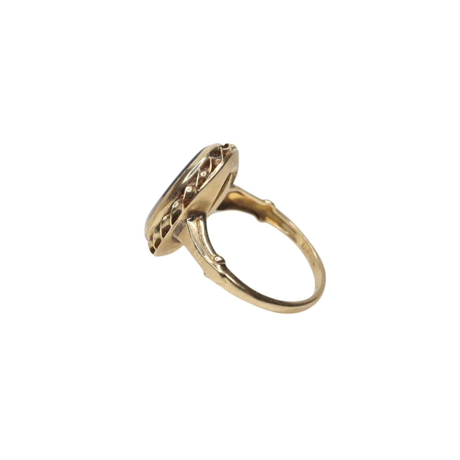 Art Nouveau Dendritic Picture Moss Agate 14k gold ring featuring intricate moss patterns and vintage design by Ostby & Barton.