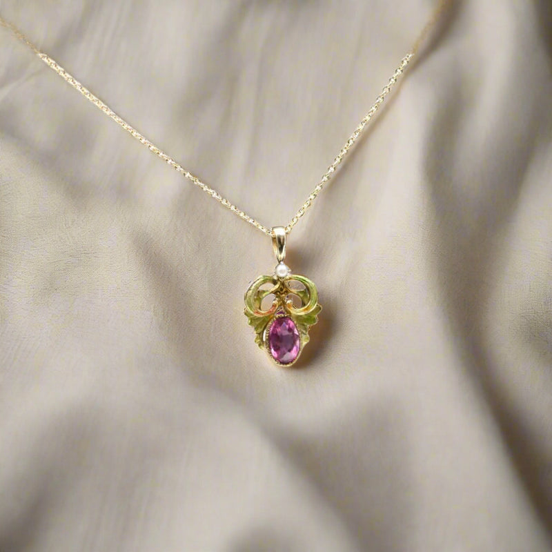 Antique Art Nouveau Pink Sapphire & Enamel Pendant