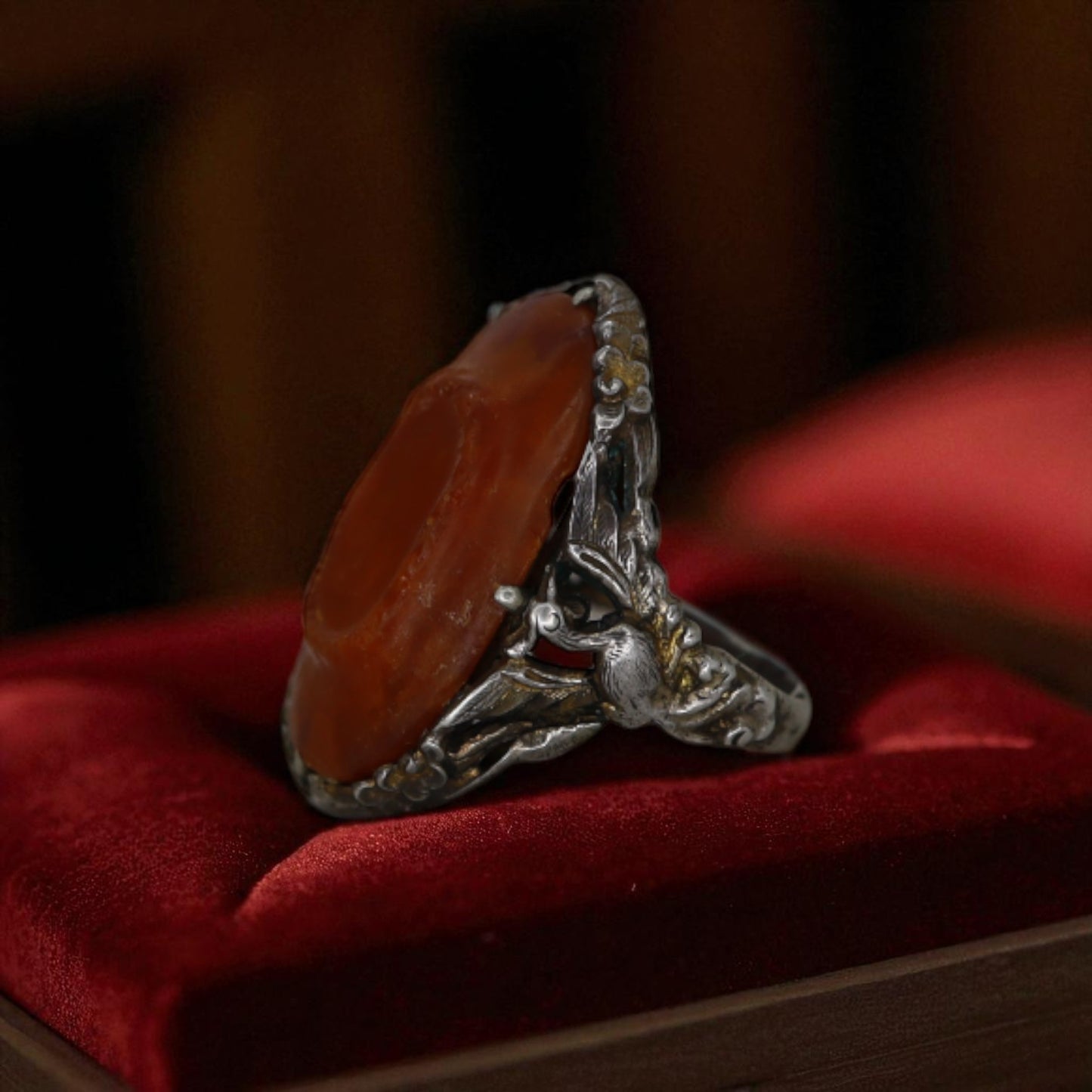 Art Nouveau Chinese Carnelian Ring with Peacock - Petra Star
