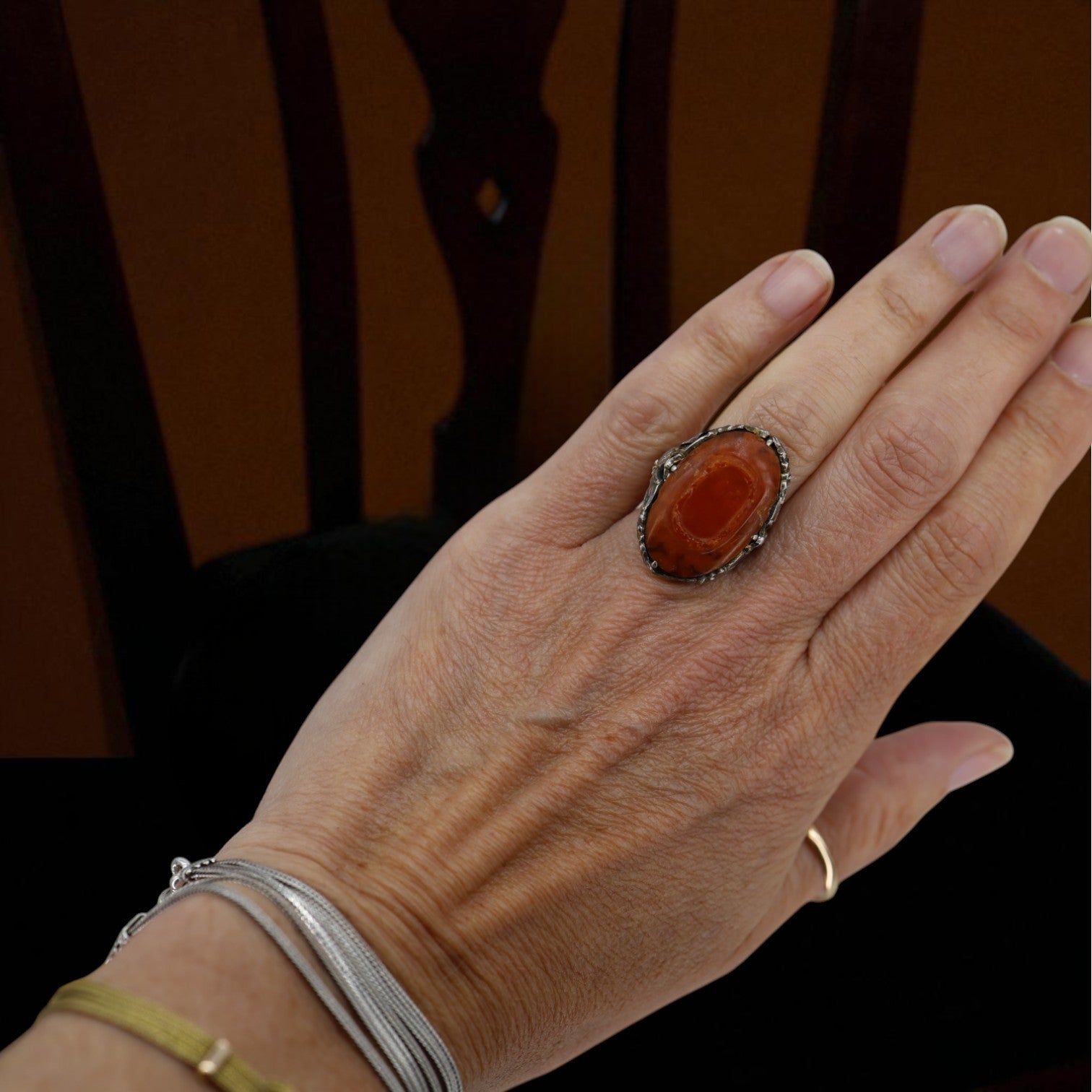 Art Nouveau Chinese Carnelian Ring with Peacock - Petra Star