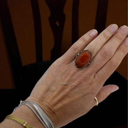 Art Nouveau Chinese Carnelian Ring with Peacock - Petra Star