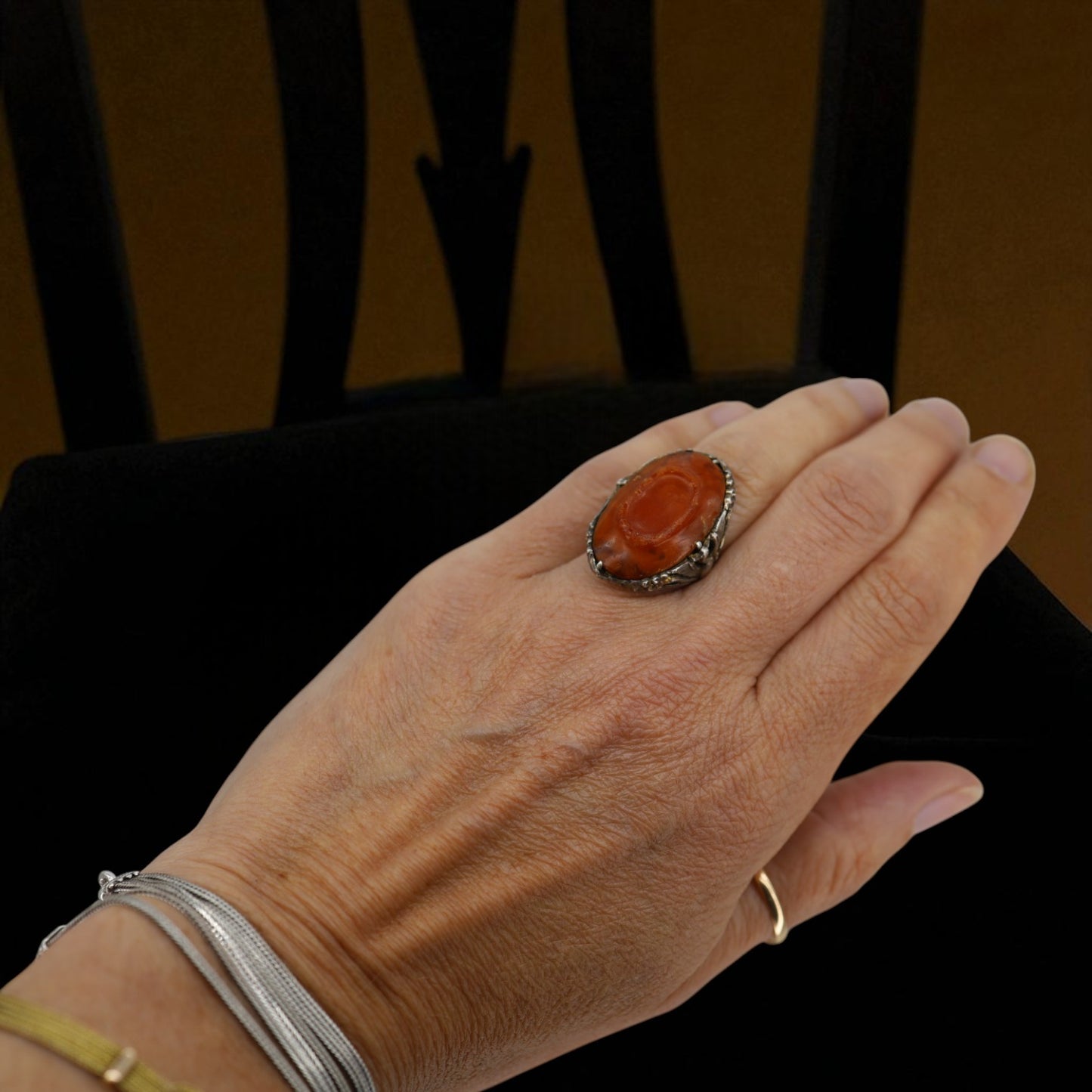 Art Nouveau Chinese Carnelian Ring with Peacock - Petra Star