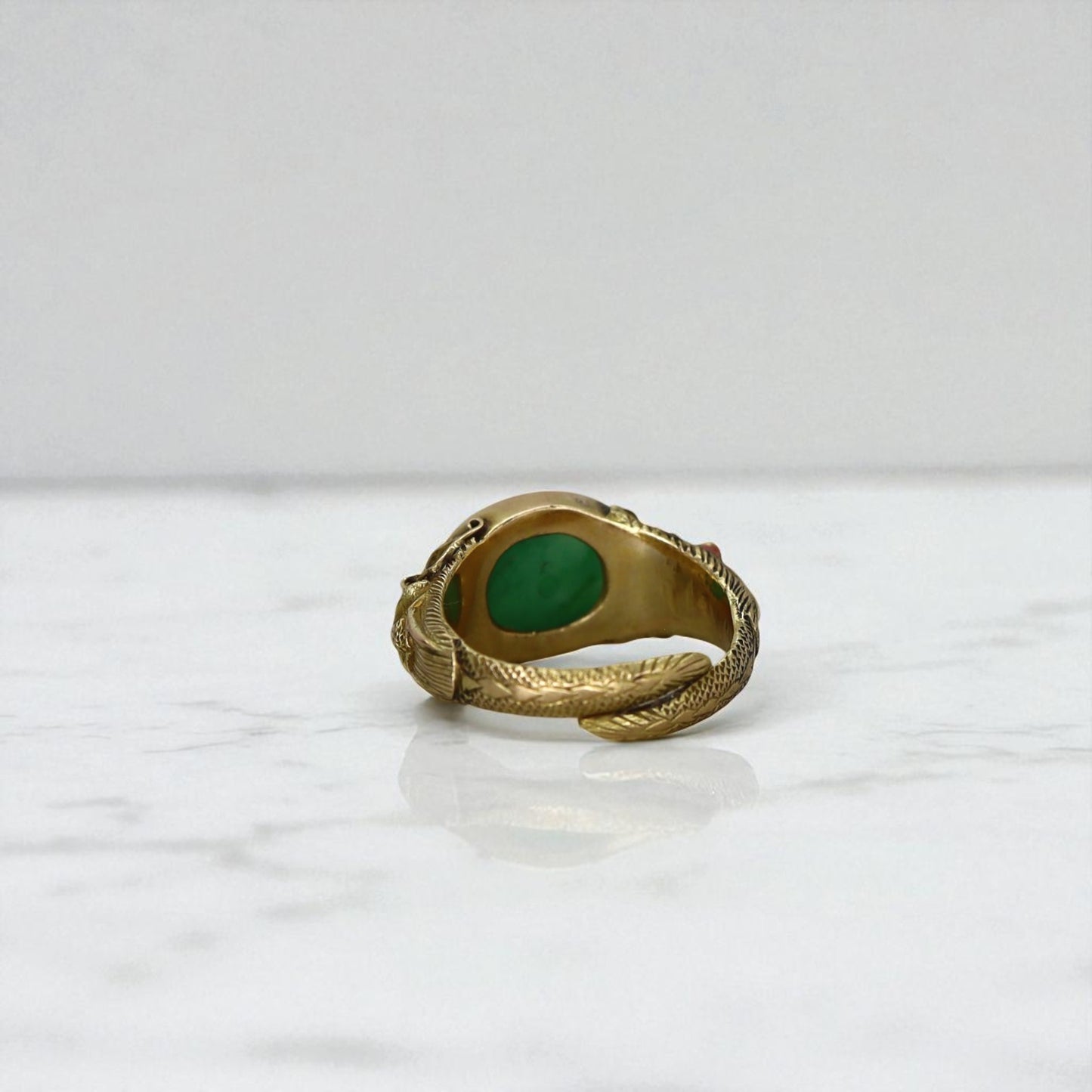 Art Nouveau Chinese Jade Saddle Ring 18K with Dragons - Petra Star