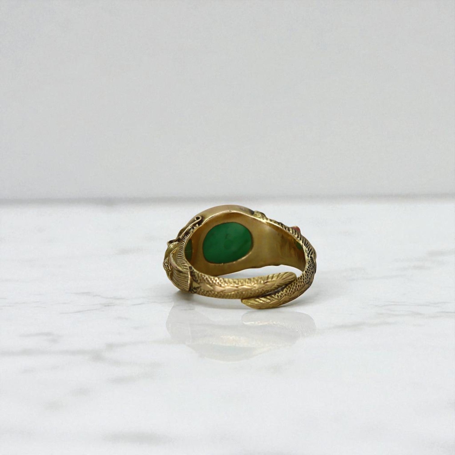 Art Nouveau Chinese Jade Saddle Ring 18K with Dragons - Petra Star