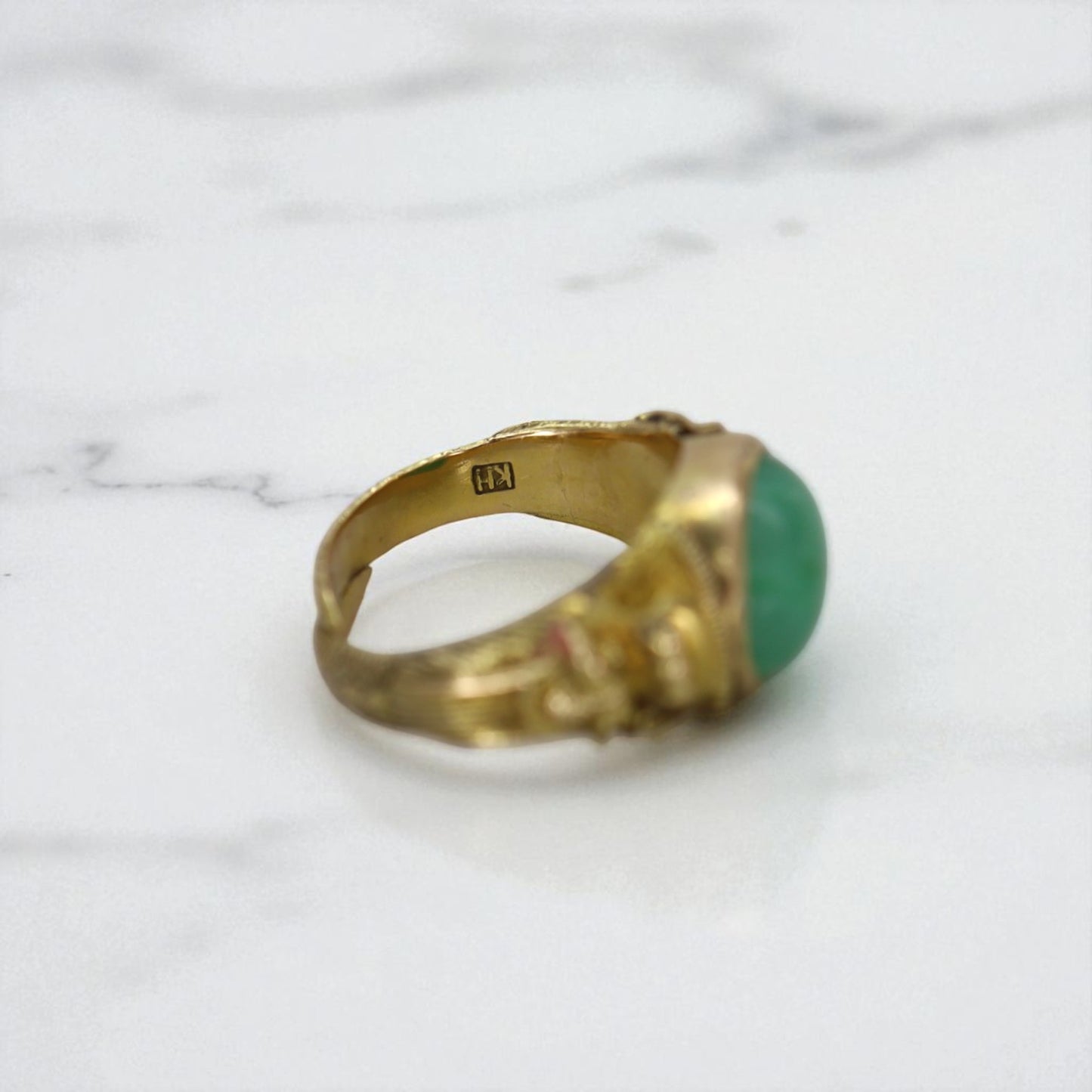 Art Nouveau Chinese Jade Saddle Ring 18K with Dragons - Petra Star