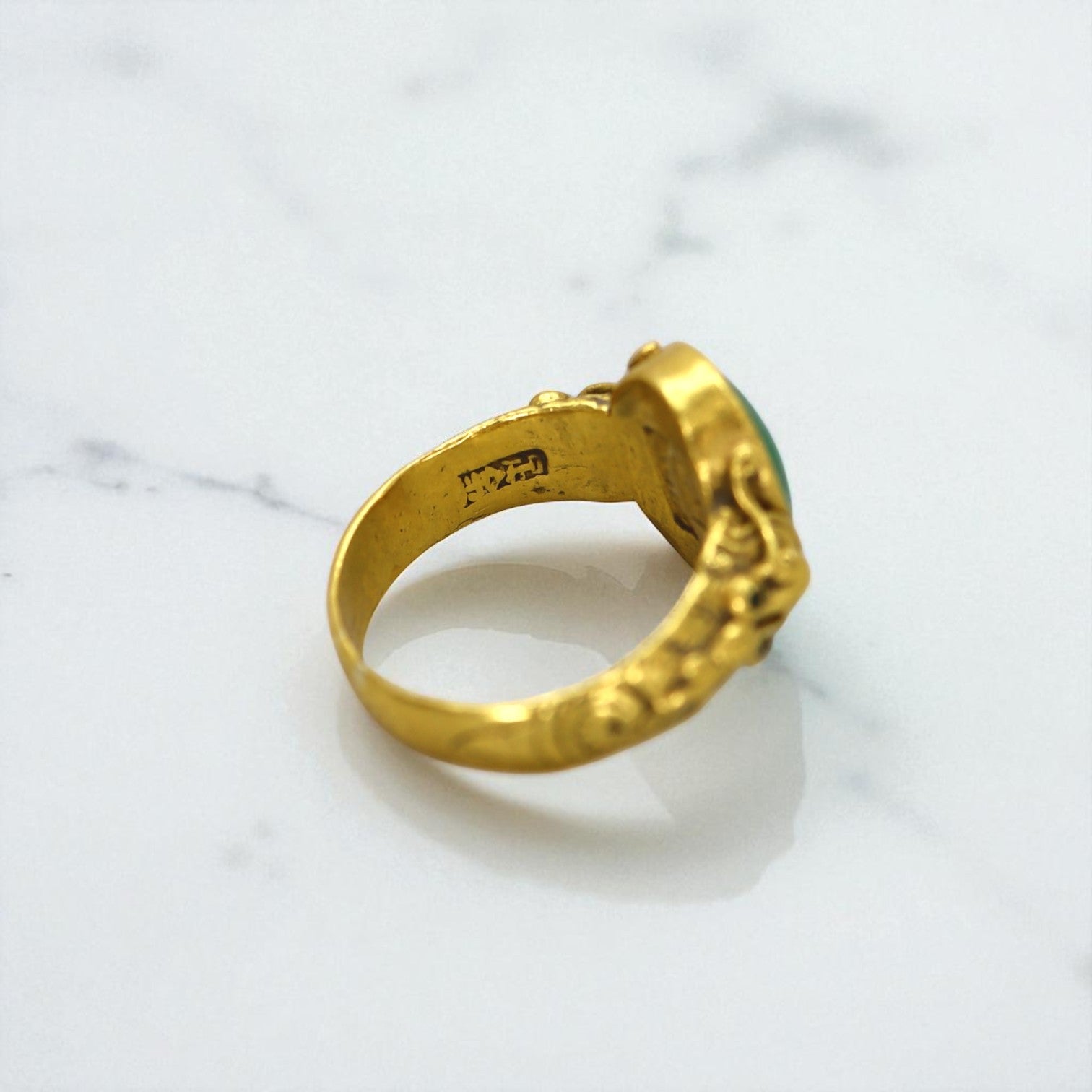 Art Nouveau Chinese jade ring with 24k gold detailing, showcasing intricate design and vibrant green jade stone.