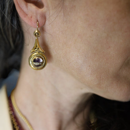 Antique Etruscan Revival Amethyst & Pearl Earrings in 14k Gold, c. 1870s - Petra Star