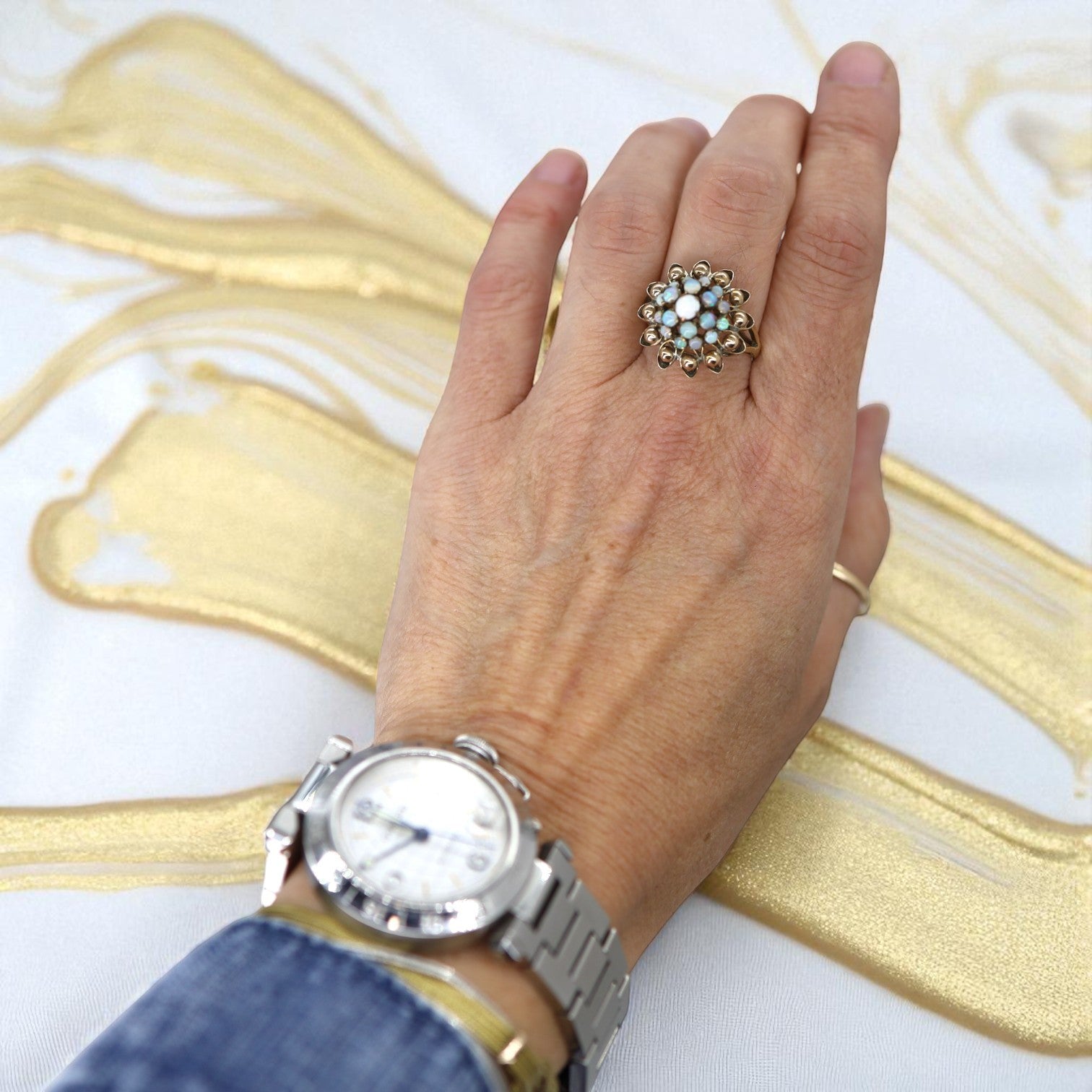 Vintage 1940s White Opal Cluster Harem Ring – Gold Filled Statement Cocktail Jewelry - Petra Star