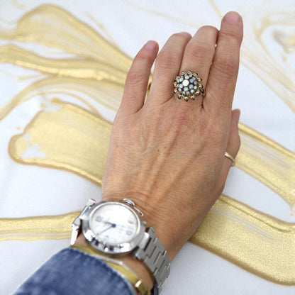 Vintage 1940s White Opal Cluster Harem Ring – Gold Filled Statement Cocktail Jewelry - Petra Star