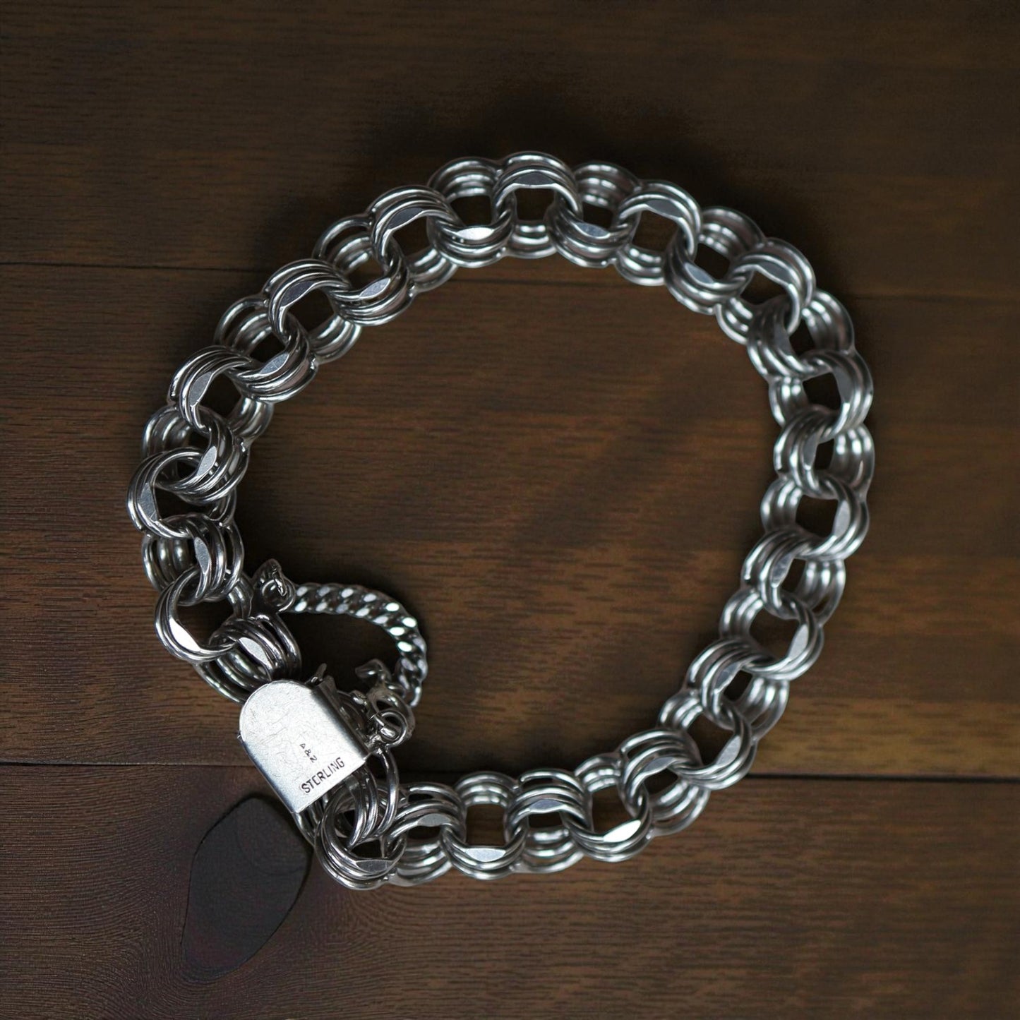 Estate Sterling Silver Triple Ring Link Charm Bracelet – Toggle Clasp with Safety Chain, 20.9g