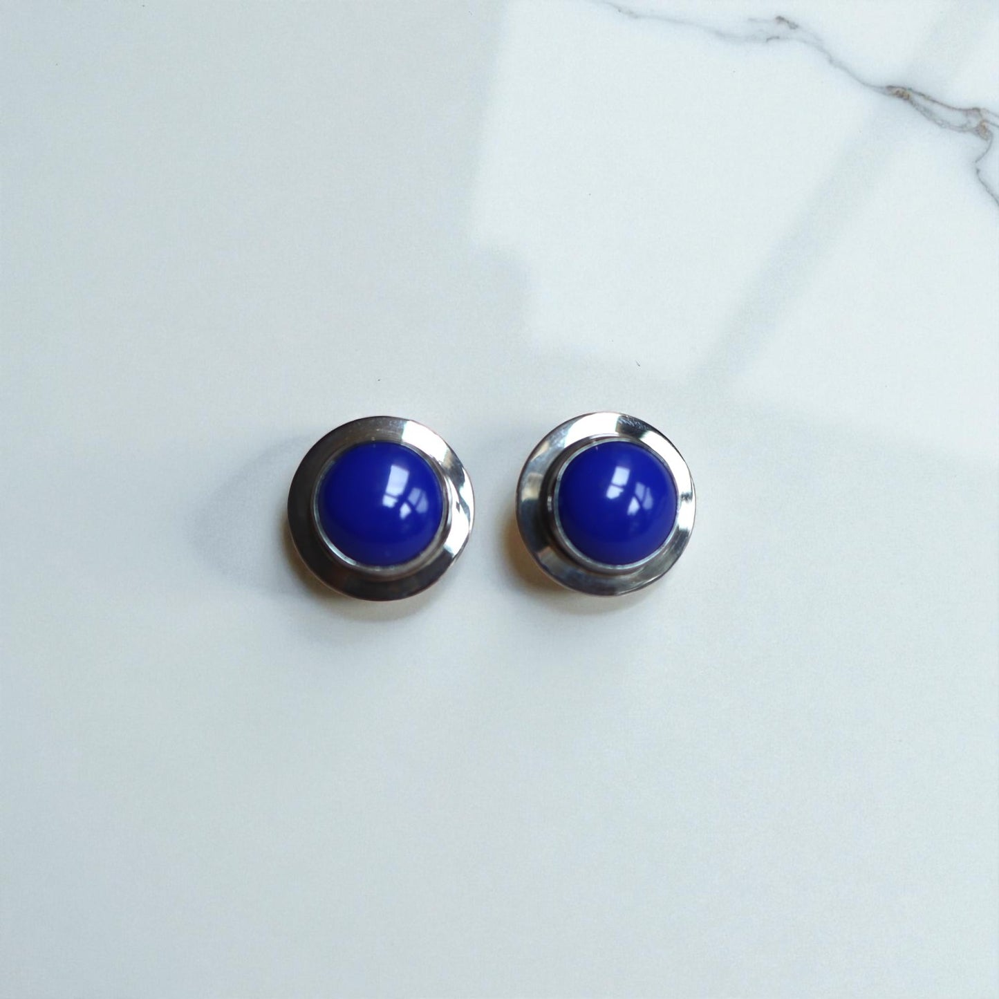 Estate Silver Lapis Ring, Blue Enamel Earrings & Pendant Set – Modernist Design, Circa 1990