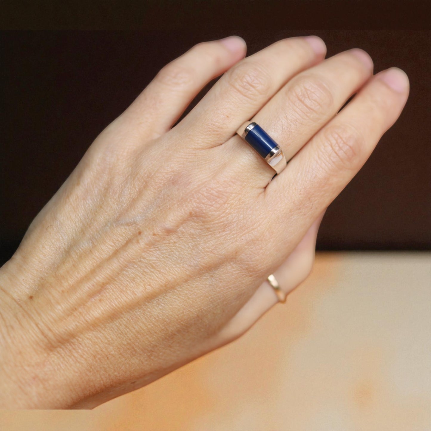 Estate Silver Lapis Ring, Blue Enamel Earrings & Pendant Set – Modernist Design, Circa 1990