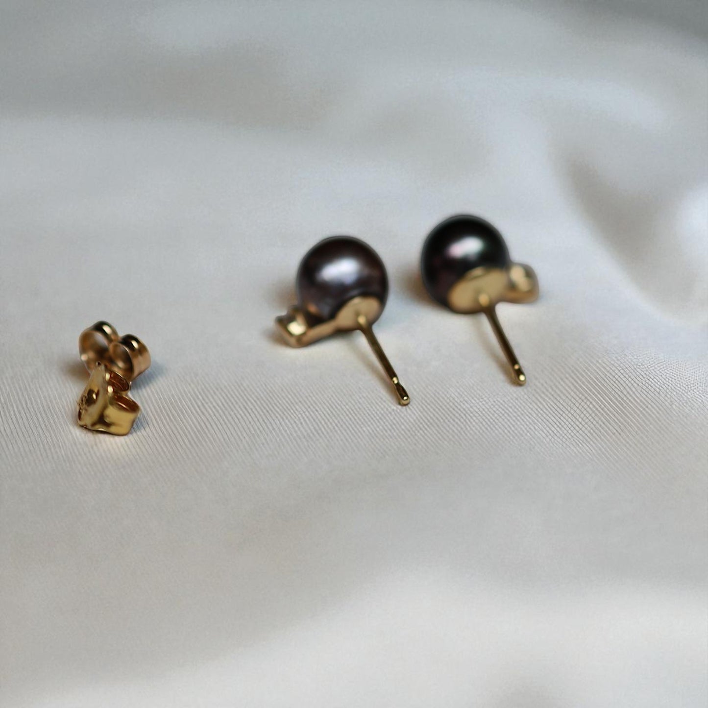 Tahitian Pearl and Diamond Stud Earrings – 14k Yellow Gold, Natural 8mm Pearls, Mismatched Pair - Petra Star