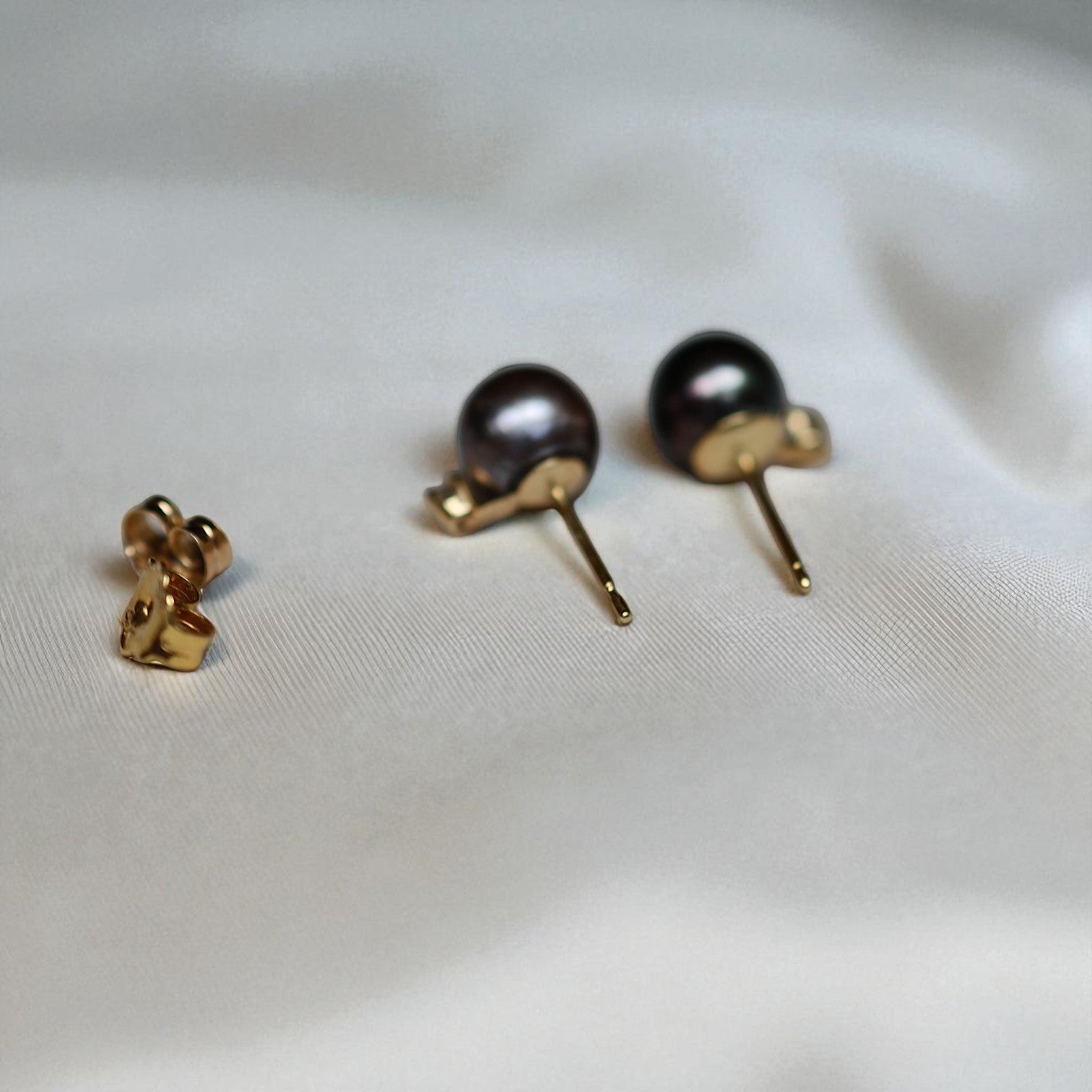 Tahitian Pearl and Diamond Stud Earrings – 14k Yellow Gold, Natural 8mm Pearls, Mismatched Pair - Petra Star