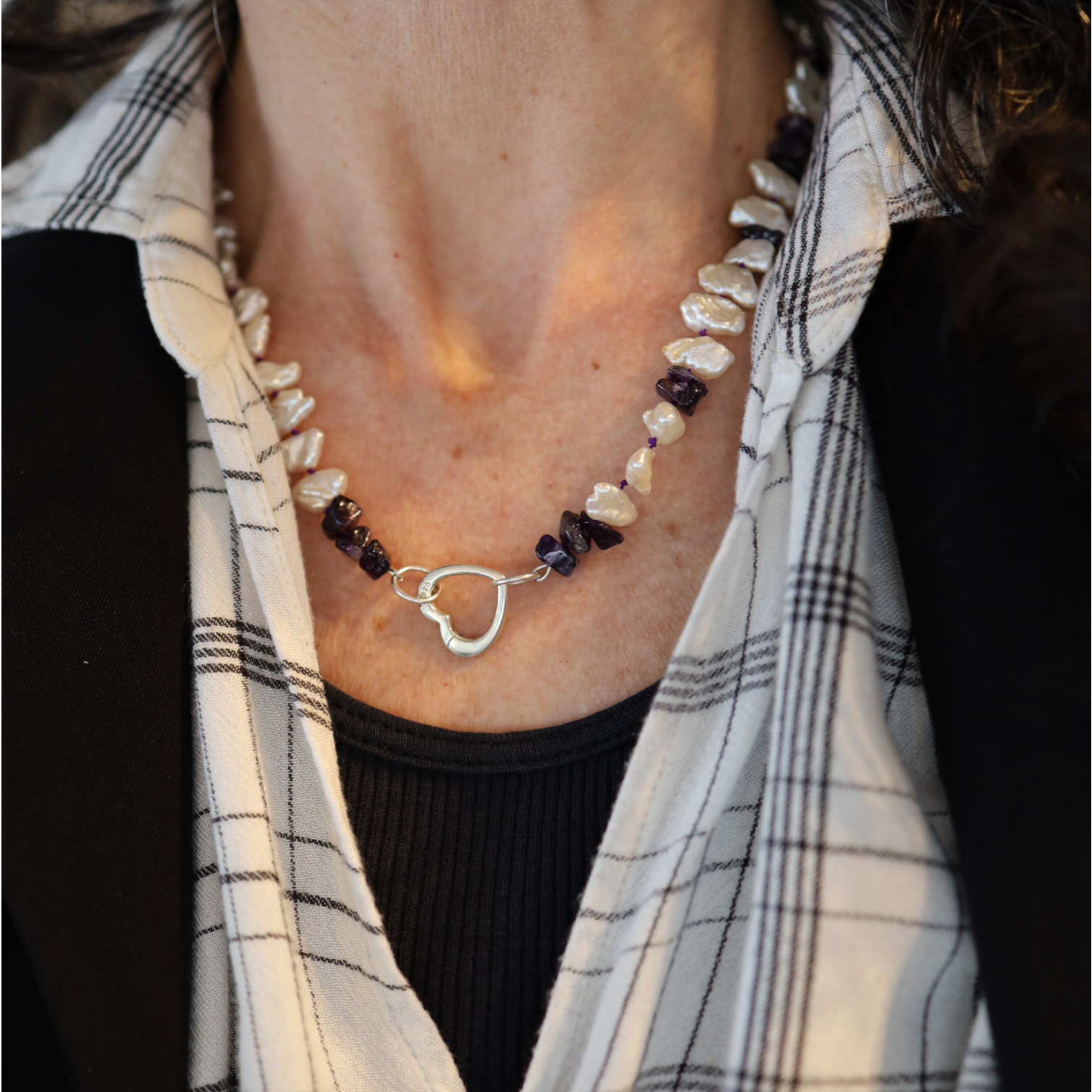 Amethyst and Keshi Pearl Necklace with Silver Heart Charm Holder Clasp – Strung on Purple Silk, 20” - Petra Star