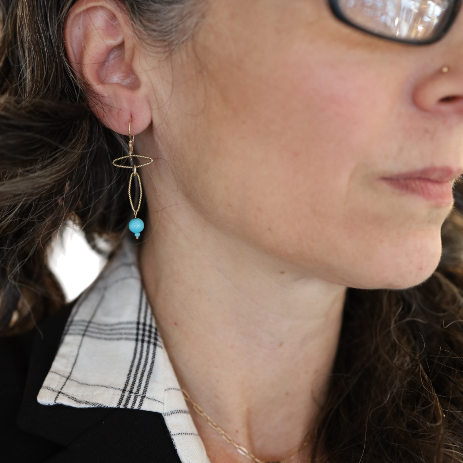 Upcycled Vintage 14k Gold Chain Earrings with Turquoise Beads, Circa 1980 - Petra Star