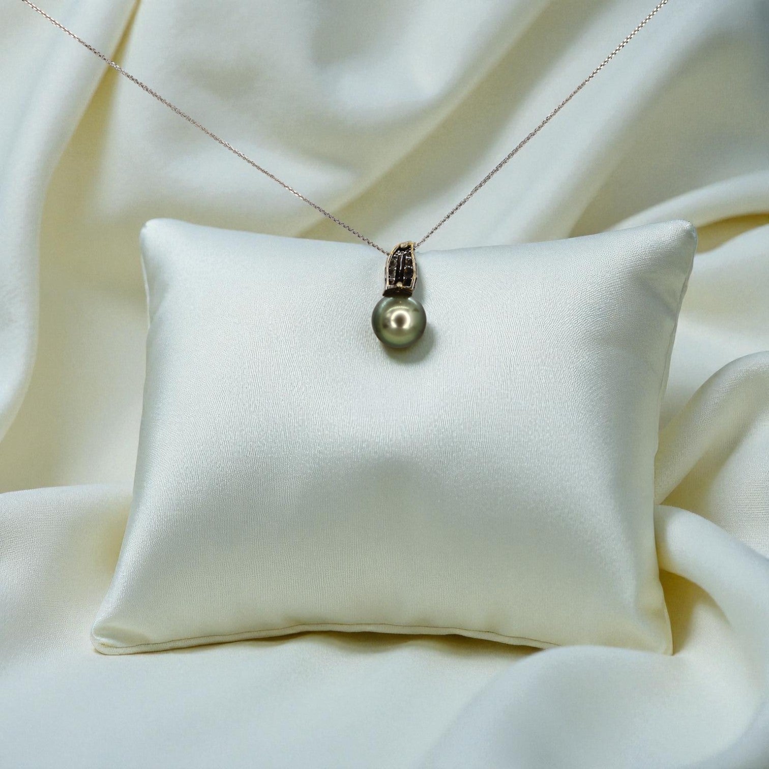 Upcycled Tahitian Pearl and Diamond Pendant Necklace – 14k White Gold Chain with Hidden Bail, Circa Mid-Century - Petra Star