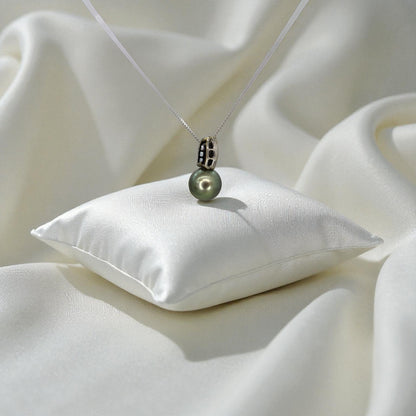 Upcycled Tahitian Pearl and Diamond Pendant Necklace – 14k White Gold Chain with Hidden Bail, Circa Mid-Century - Petra Star