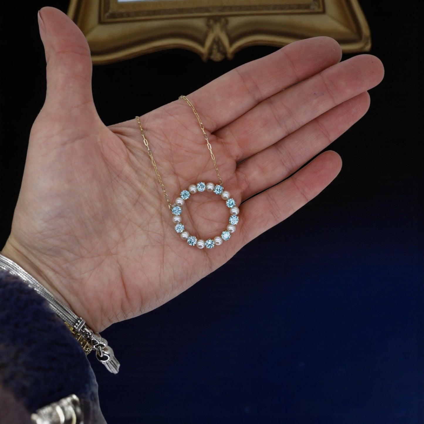 Blue Zircon & Pearl Circle Necklace 14k Gold – Vintage Brooch Conversion