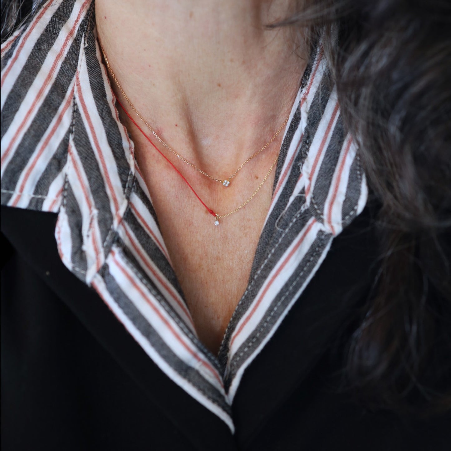 Contemporary Floating Diamond & Red Cord Necklace – 14k Yellow Gold