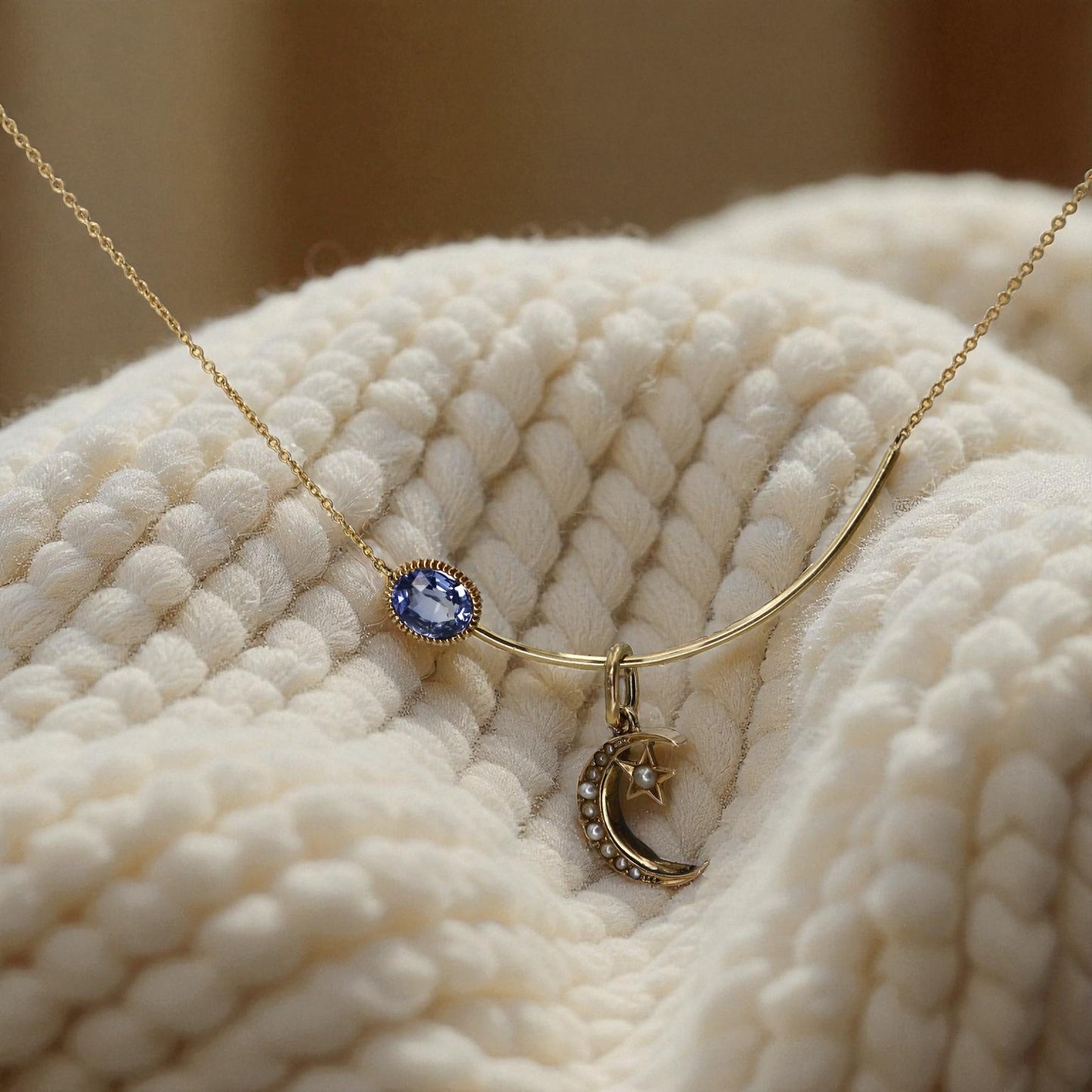 Antique Victorian Crescent Moon and Star Pendant – 14k Yellow Gold with Pearls