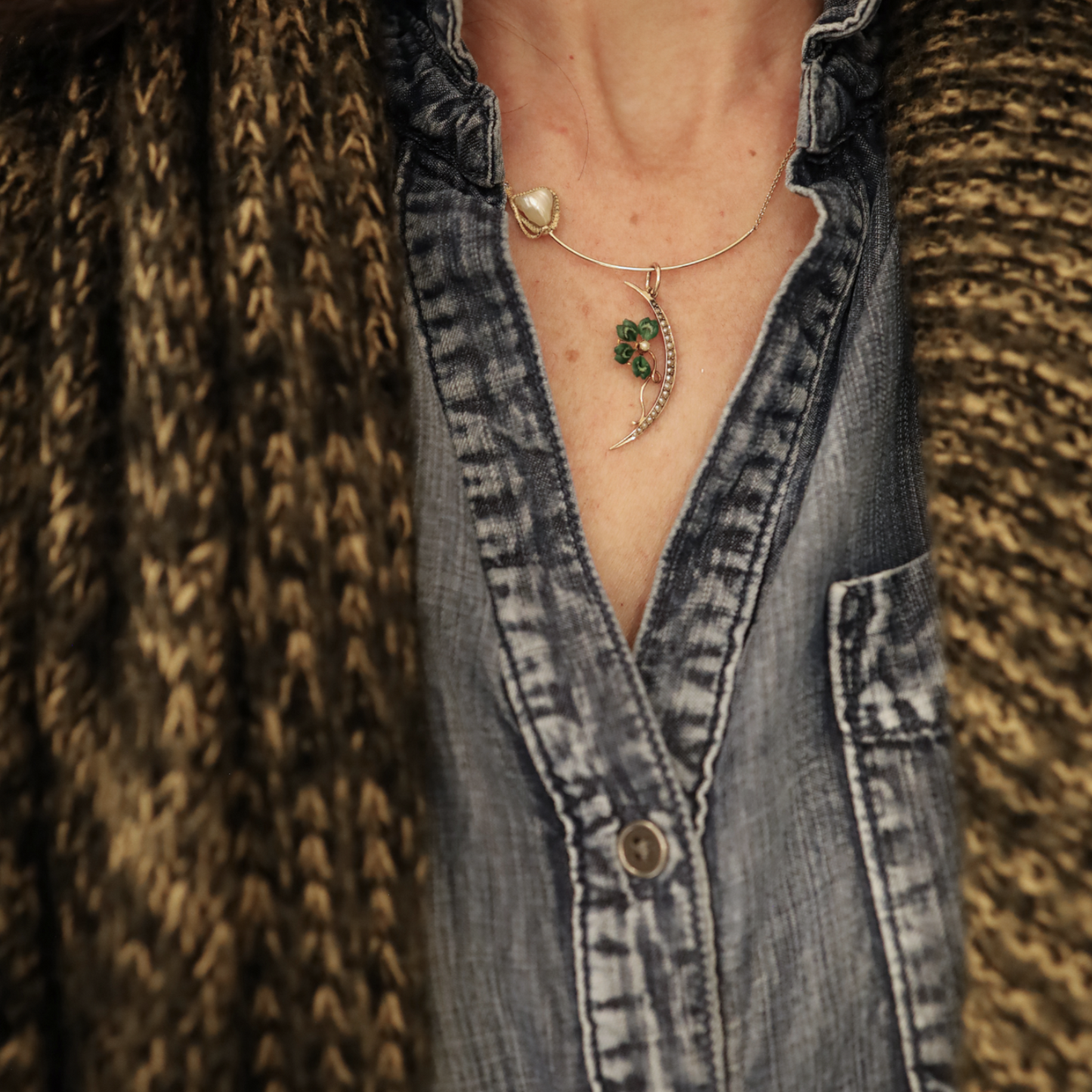 Antique Art Nouveau Four-Leaf Clover Crescent Moon Pendant — 14k Gold, Enamel & Pearls