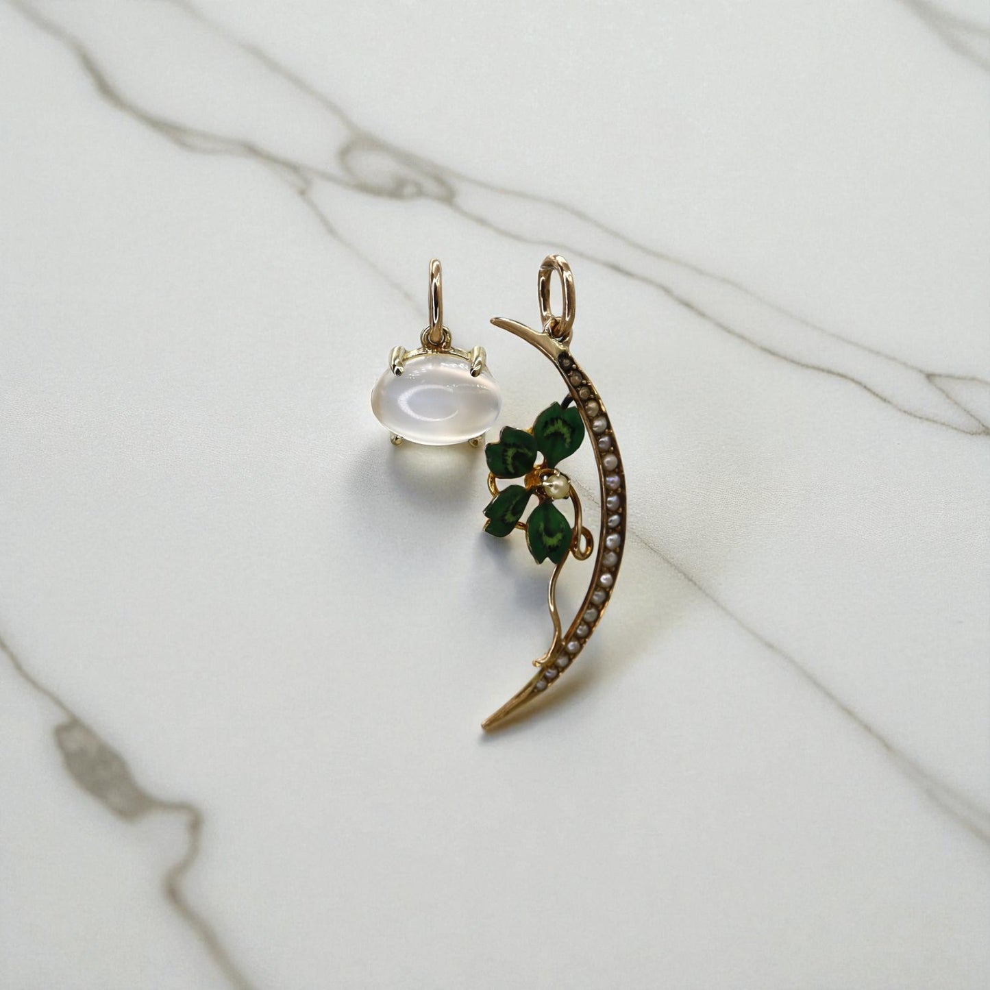 Antique Art Nouveau Four-Leaf Clover Crescent Moon Pendant — 14k Gold, Enamel & Pearls